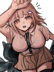  black_thighhighs breasts brown_skirt cowboy_shot danganronpa_(series) danganronpa_2:_goodbye_despair female galaga hood hooded_jacket ikemen&#039;na_ore-shi jacket large_breasts miniskirt nanami_chiaki pink_eyes pink_hair pleated_skirt skirt solo thighhighs unworn_jacket 