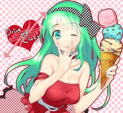  bare_shoulders beatmania_iidx bow breasts collarbone dress drive_me_crazy female food green_eyes green_hair heart holding holding_ice_cream_cone ice_cream ice_cream_cone inpr large_breasts licking_own_finger long_hair looking_at_viewer mint_chocolate one_eye_closed polka_dot polka_dot_background polka_dot_bow red_dress solo tongue tongue_out triple_scoop upper_body very_long_hair 