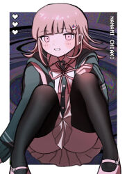  black_thighhighs blush character_name danganronpa_(series) danganronpa_2:_goodbye_despair female flipped_hair green_jacket grin heart hood hood_down hooded_jacket ikemen&#039;na_ore-shi jacket medium_hair nanami_chiaki neck_ribbon pink_eyes pink_footwear pink_ribbon ribbon sitting smile solo teeth thighhighs 