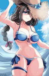  bikini blue_bikini blue_eyes blue_sky braid breasts brown_hat cleavage cloud commentary_request female front-tie_bikini_top front-tie_top hat highres kantai_collection large_breasts long_hair looking_at_viewer official_alternate_costume shigure_(kancolle) shigure_kai_san_(kancolle) shigure_kai_san_(swimsuit)_(kancolle) side-tie_bikini_bottom single_braid sky smile solo straw_hat swimsuit thigh_gap toms 