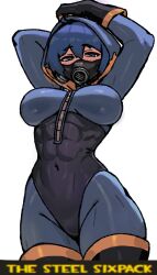  arms_up black_gloves blu_pyro_(tf2) blue_bodysuit blue_eyes blue_hair bodysuit breasts commission covered_navel cowboy_shot english_text female gas_mask genderswap_(otf) gloves half-closed_eyes highres impossible_bodysuit impossible_clothes large_breasts looking_at_viewer mask muscular muscular_female pyro_(tf2) rule_63 short_hair simple_background solo team_fortress_2 wersman white_background zipper 