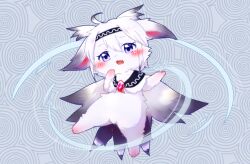  2022 abstract_background ambiguous_gender chibi deaic fur hair kemono open_mouth open_smile purple_eyes semi-anthro smile solo unknown_species white_body white_fur white_hair 