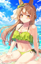  absurdres alternate_costume animal_ears bare_shoulders bikini breasts brown_hair cleavage collarbone female frilled_bikini frills green_bikini hair_between_eyes half_updo highres horse_ears horse_girl large_breasts long_hair looking_at_viewer multicolored_hair satono_diamond_(umamusume) sitting smile solo streaked_hair swimsuit umamusume underboob wariza white_hair yoru_usagi 