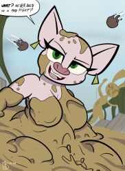  absurd_res anthro background_character big_breasts breasts dialogue domestic_pig ear_piercing ear_ring female hi_res looking_at_viewer mammal messy mud mud_covered mud_fight overweight overweight_female piercing ring_piercing sebaku solo suid suina sus_(pig) swamp wam 