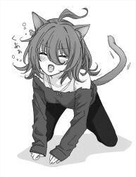  agnes_tachyon_(umamusume) ahoge alternate_animal_ears alternate_tail animal_ears bra_strap cat_ears cat_tail collarbone fangs female greyscale hair_between_eyes jewelry kaho_(ramb) kneeling long_hair long_sleeves mole mole_under_eye monochrome necklace open_mouth simple_background sleeves_past_wrists solo tail tears translation_request umamusume yawning 