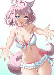  :3 animal_ears antenna_hair aqua_background armlet ass_visible_through_thighs bare_arms bare_shoulders bikini blush bow braid breasts choker cleavage collarbone extra_ears female frilled_bikini frilled_choker frills gradient_background hair_ornament hair_ribbon hairclip hakui_koyori hakui_koyori_(summer) heart heart_bikini highres hololive jewelry kogarashi_tobi large_breasts linea_alba looking_at_viewer medium_hair navel oerba_yun_fang official_alternate_costume official_alternate_hairstyle open_hands open_mouth pink_bow pink_choker pink_hair pink_ribbon purple_eyes ribbon smile solo stomach swimsuit tail thighs two-tone_choker virtual_youtuber white_background white_bikini white_choker wolf_ears wolf_girl wolf_tail 