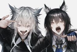  2girls animal_ear_fluff animal_ear_piercing animal_ears arknights black_coat black_hair black_jacket black_vest blue_gloves blue_necktie coat donata_(donatasama) fingerless_gloves gloves grey_eyes grey_hair hair_between_eyes highres jacket lappland_(arknights) lappland_(refined_horrormare)_(arknights) long_hair long_sleeves looking_at_viewer multiple_girls necktie official_alternate_costume open_clothes open_mouth portrait scar scar_across_eye sharp_teeth shirt teeth texas_(arknights) texas_the_omertosa_(arknights) tongue tongue_out vest white_shirt wolf_ears wolf_girl yellow_eyes 