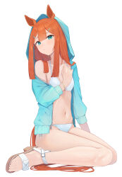  animal_ears aqua_eyes bikini blue_jacket breasts commentary_request female full_body highres hood hooded_jacket horse_ears horse_girl horse_tail jacket long_hair long_sleeves looking_at_viewer navel ningen_gokko orange_hair sandals silence_suzuka_(umamusume) simple_background sitting small_breasts solo swimsuit tail toes umamusume white_background white_bikini 