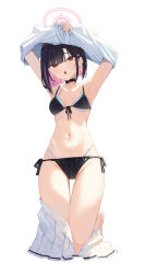  absurdres animal_ears bikini black_bikini black_choker blue_archive cat_girl choker clothes_lift commentary_request female front-tie_bikini_top front-tie_top groin highres kazusa_(blue_archive) kneeling layered_bikini navel ningen_gokko open_mouth shirt_lift short_hair side-tie_bikini_bottom skirt_partially_removed solo string_bikini swimsuit transparent_background undressing white_bikini 