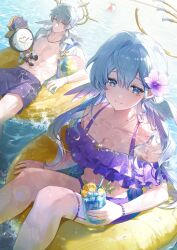  1boy absurdres alternate_costume aqua_eyes bare_shoulders bead_bracelet beads bikini blue_hair bracelet breasts brother_and_sister cleavage clockie_(honkai:_star_rail) closed_mouth facial_mark female flower hair_between_eyes hair_flower hair_ornament halo head_wings highres honkai:_star_rail honkai_(series) isobe47 jewelry long_hair looking_at_viewer outdoors purple_bikini purple_flower robin_(honkai:_star_rail) siblings sitting smile sunday_(honkai:_star_rail) swim_ring swimsuit wings 