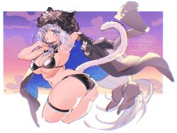  :o animal_ears arm_up bikini black_bikini black_bow black_hat black_jacket blue_eyes blue_necktie bow bracelet breasts cat_ears cat_girl cat_tail cleavage commentary_request cropped_legs detached_collar dobrynya_nikitich_(fate) dobrynya_nikitich_(swimsuit_lancer)_(fate) fate/grand_order fate_(series) female fur-trimmed_headwear fur_hat fur_trim gradient_sky hairbow hand_up hat highres jacket jacket_on_shoulders jewelry long_hair looking_at_viewer looking_back low_ponytail navel necktie short_necktie sky solo sugomori_tsuru_(hana_tsuru_wo) swimsuit tail white_hair 