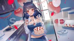  balloon black_hair bottle bow breasts cake cleavage collarbone cup dizzy_dokuro falling_petals female food food_on_face fork fruit frying_pan heart heart_balloon heart_necklace jewelry kitchen long_hair miyako_(xxxbibit) navel necklace off_shoulder open_mouth petals phase_connect pointy_ears red_bow red_eyes red_petals sample_watermark shadow sleeves_past_wrists solo stove strap_slip strawberry virtual_youtuber watermark 