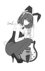  animal_ear_hairband animal_ears artist_name bow bowtie breasts cleavage dated detached_collar fake_animal_ears fake_tail female from_side full_body god_knows... greyscale guitar hair_ribbon hairband high_heels highres instrument leotard leria_v looking_at_viewer monochrome official_alternate_costume pantyhose playboy_bunny rabbit_ear_hairband rabbit_ears rabbit_tail ribbon short_hair solo squatting suzumiya_haruhi suzumiya_haruhi_no_yuuutsu tail wrist_cuffs 