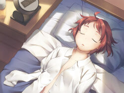  alarm_clock amputee armless_amputee artist_request breasts clock double_amputee female frown game_cg green_eyes katawa_shoujo lying no_bra non-web_source official_art on_back on_bed open_clothes open_mouth open_shirt pillow red_hair shirt short_hair sleeve_tied_shut solo tezuka_rin upper_body white_shirt 