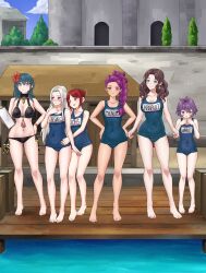  6+girls absurdres alternate_costume arm_on_another&#039;s_shoulder ass_visible_through_thighs bernadetta_von_varley bikini black_bikini blue_one-piece_swimsuit braid breasts brown_hair cleavage closed_mouth dorothea_arnault earrings edelgard_von_hresvelg female_byleth_(fire_emblem) female_byleth_(summer)_(fire_emblem) fire_emblem fire_emblem:_three_houses fire_emblem_heroes flower green_eyes green_hair hair_bun hair_flower hair_ornament hand_on_another&#039;s_hip hands_on_own_chest hands_on_own_hips highres holding_binder igni_tion jewelry large_breasts long_hair looking_at_another looking_at_viewer looking_down looking_to_the_side matching_outfits medium_breasts monica_von_ochs multiple_girls name_tag official_alternate_costume old_school_swimsuit one-piece_swimsuit open_mouth outdoors petra_macneary ponytail pool poolside purple_eyes purple_hair red_eyes red_hair school_swimsuit short_hair sideboob small_breasts smile stretching swimsuit very_long_hair white_hair 