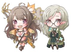  2girls ahoge bandaid bandaid_on_cheek bandaid_on_face bandeau black_skirt boots breasts brown_boots brown_hair butterfly_net chibi chibi_only cleavage coat collared_shirt commentary elf full_body green_coat green_skirt grey_pantyhose hand_net holding holding_butterfly_net iroha_(princess_connect!) lace-up_boots large_breasts long_hair long_skirt miniskirt multiple_girls oerba_yun_fang open_clothes open_coat pantyhose pleated_skirt pointy_ears princess_connect! purple_eyes round_eyewear shirt simple_background skirt sono_(princess_connect!) soutsuki_naru standing stomach sword sword_on_back very_long_hair weapon weapon_on_back white_background white_bandeau white_shirt 