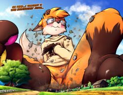  2025 anthro biped black_nose blush body_size_growth bottomless bottomless_anthro bottomless_male brown_body brown_eyes brown_fur building building_destruction canid canine clothed clothing day destruction dialogue dipstick_tail ears_down embarrassed english_text eyewear featureless_crotch firerai fox fur glasses house leg_markings looking_down macro male mammal markings multicolored_pawpads orange_body orange_fur outside path pawpads pivoted_ears plant rubble size_transformation socks_(marking) solo tail tail_markings text transformation tree 