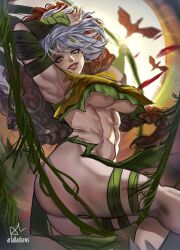  abs absurdres arialla_draws ass breasts brown_hair commentary english_commentary female gloves green_eyes green_gloves green_headband headband highres jewelry large_breasts long_hair looking_at_viewer marvel marvel_rivals multicolored_hair navel necklace official_alternate_costume rogue_(savage_south)_(x-men) rogue_(x-men) solo torn_clothes two-tone_hair underwear white_hair x-men 