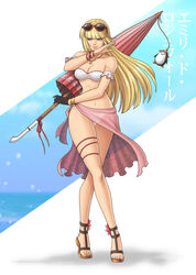  1girls alluring bikini bird blonde_hair blue_eyes breasts cleavage emilie_de_rochefort eyewear_on_head female female_only fully_clothed gdaigonart geoffrey_daigon gloves highres hime_cut long_hair namco parasol penguin sandals single_glove solo sunglasses sunglasses_on_head swimsuit tekken tekken_5 tekken_5_dark_resurrection tekken_7 tekken_tag_tournament_2 transparent umbrella 