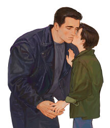  2boys absurdres age_difference asymmetrical_bangs black_jacket black_pants blue_pants blush brown_hair closed_eyes collared_shirt couple cowboy_shot curtained_hair fingernails green_shirt grey_shirt hand_on_another's_chest highres holding_hands hunched_over jacket john_connor kissing leather leather_jacket leather_pants long_sleeves male_focus multiple_boys onii-shota open_clothes open_jacket pants rora_(auroradiation) shirt short_hair simple_background sleeves_rolled_up t-800 terminator_(series) terminator_2:_judgment_day thick_eyebrows unzipped very_short_hair white_background yaoi 