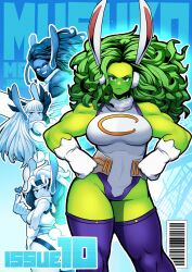  4girls absurdres animal_ears avengers_(series) big_hair boku_no_hero_academia colored_skin comic_cover commentary cosplay crescent_print cropped_legs english_commentary fur_collar gloves green_eyes green_hair green_skin hands_on_own_hips highres holding holding_sword holding_weapon leotard long_hair magik_(x-men) marvel mirko mirko_(cosplay) multiple_girls muscular muscular_arms muscular_female print_leotard rabbit_ears rabbit_tail red_she-hulk rogue_(x-men) serious she-hulk sleeveless sleeveless_turtleneck smile sonchapo standing superhero_costume sword tail thighhighs turtleneck turtleneck_leotard weapon white_gloves white_leotard x-men 
