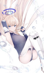  absurdres blonde_hair blue_archive blue_eyes blue_halo boots female halo highres hojiro_same knee_pads long_hair looking_at_viewer simple_background solo thigh_boots toki_(blue_archive) v water water_drop white_background white_footwear 