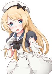  bad_id bad_twitter_id blonde_hair blue_eyes blue_sailor_collar commentary_request cowboy_shot dress female gloves hat jervis_(kancolle) kantai_collection kirigakure_(kirigakure_tantei_jimusho) pointing pointing_at_self sailor_collar sailor_dress sailor_hat simple_background solo white_background white_dress white_gloves white_hat 