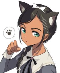  :o animal_ears aonuma_neiru black_hair black_ribbon bow braid braided_ponytail cat_day cat_ears claw_pose commentary_request dark-skinned_female dark_skin dress female green_eyes grey_dress hair_ornament hair_over_shoulder hairband hairbow hairclip long_hair long_sleeves looking_at_viewer neck_ribbon niina_ryou open_mouth paw_pose portrait ribbon simple_background single_braid solo speech_bubble spoken_paw white_background white_bow white_hairband wonder_egg_priority 