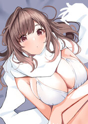  arms_under_breasts bare_shoulders bed_sheet bikini blush breasts brown_hair cleavage closed_mouth commentary crossed_arms female from_above idolmaster idolmaster_shiny_colors koukoku large_breasts long_hair looking_at_viewer lying md5_mismatch on_back on_bed purple_eyes scarf solo swimsuit tsukioka_kogane white_bikini white_scarf 