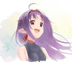  :d absurdres ahoge breasts cropped_torso female floating_hair hair_intakes hairband highres long_hair nyanmaru open_mouth pointy_ears purple_hair red_eyes red_hairband simple_background sleeveless small_breasts smile solo sword_art_online upper_body very_long_hair white_background yuuki_(sao) 