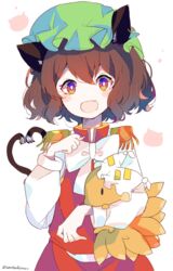  :d absurdres animal_ear_piercing animal_ears animal_hat bad_id bad_pixiv_id blush_stickers bow bowtie bright_pupils brown_hair cat_ears cat_tail chen female gold_trim green_hat hair_between_eyes hat heart heart_tail highres holding jewelry looking_at_viewer mob_cap multiple_tails nekomata oerba_yun_fang open_mouth red_skirt red_vest short_hair simple_background skirt skirt_set smile solo tail touhou two_tails umemaro_(siona0908) upper_body vest white_background white_bow white_bowtie white_hat white_pupils yakumo_ran yakumo_ran_(fox) 