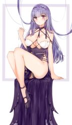  absurdres azur_lane bare_shoulders black_panties blush breasts cleavage collarbone criss-cross_halter dido_(anxious_bisque_doll)_(azur_lane) dido_(azur_lane) dress female grey_hair hairband halter_dress halterneck high_heels highres knees_up large_breasts legs long_hair looking_at_viewer official_alternate_costume panties pelvic_curtain purple_dress purple_eyes purple_hairband underwear yukineko1018 