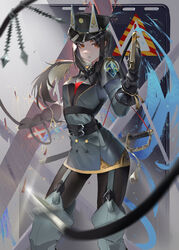  absurdres animal_ears arknights belt black_hair black_thighhighs boots breasts coat dobermann_(arknights) dobermann_(lieutenant)_(arknights) dog_ears dog_girl female hat highres holding holding_weapon holding_whip long_hair looking_at_viewer military military_hat military_uniform official_alternate_costume red_eyes sail_(apha7775) solo sword thighhighs uniform weapon whip 