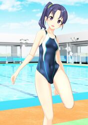  :d absurdres bad_id bad_twitter_id bench blue_hair blue_one-piece_swimsuit blue_sky blurry breasts cloud commentary_request competition_swimsuit covered_navel day depth_of_field feet_out_of_frame female high_school_fleet highres long_hair looking_at_viewer one-piece_swimsuit open_mouth outdoors pool poolside purple_eyes side_ponytail sky small_breasts smile solo standing standing_on_one_leg swimsuit takafumi wazumi_hime 