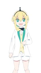  :d amano_pikamee black_bow black_bowtie black_hairband blazer blonde_hair bow bowtie bright_pupils brown_vest commentary_request female green_eyes green_hair groom gyari_(imagesdawn) hair_between_eyes hairband highres hikasa_tomoshika_(artist) jacket long_sleeves looking_at_viewer multicolored_hair official_art open_clothes open_jacket open_mouth sharp_teeth shirt short_shorts shorts simple_background sleeves_past_wrists smile solo straight-on striped_clothes striped_vest teeth two-tone_hair v-shaped_eyebrows vertical-striped_clothes vertical-striped_vest vest virtual_youtuber voms white_background white_jacket white_pupils white_shirt white_shorts 