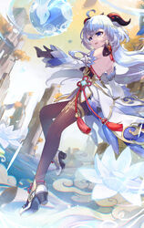  ahoge backless_outfit blue_hair bodystocking breasts chinese_knot commentary detached_sleeves female flower full_body ganyu_(genshin_impact) genshin_impact goat_horns high_heels highres horns icedango_(dpopic3) long_hair magic medium_breasts open_mouth orb outdoors purple_eyes signature smile solo tassel vision_(genshin_impact) waist_cape white_flower white_footwear white_sleeves 