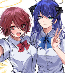  2girls :d absurdres alternate_costume angel angel_and_devil aqua_eyes arknights arm_up blue_hair blush breasts closed_mouth collared_shirt commentary_request demon_horns detached_wings dress_shirt exusiai_(arknights) eyes_visible_through_hair halo hand_up highres horns long_hair looking_at_viewer medium_breasts mostima_(arknights) multiple_girls na_tarapisu153 open_mouth outstretched_arm red_eyes red_hair selfie shirt short_hair short_sleeves simple_background smile teeth upper_body upper_teeth_only v white_background white_shirt wings 