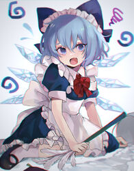  @_@ absurdres alternate_costume apron back_bow black_footwear blue_bow blue_dress blue_eyes blue_hair blush bow bowtie breasts broom bucket chromatic_aberration cirno collared_shirt commentary confused dress duster enmaided feather_duster female fingernails frilled_apron frills gradient_background grey_apron grey_background grey_bow grey_shirt grey_socks hair_between_eyes hairbow highres ice ice_wings kani_nyan looking_to_the_side maid maid_apron maid_headdress mary_janes medium_breasts oerba_yun_fang open_mouth puffy_short_sleeves puffy_sleeves red_bow red_bowtie seiza shirt shoes short_hair short_sleeves sitting skin_fang socks solo squiggle sweat sweatdrop tongue touhou white_apron white_background white_socks wing_collar wings 