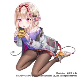  baozi belt black_bow black_pantyhose blonde_hair blush bob_cut bow chocolate chocolate_bread female food hair_ornament hair_ribbon hairbow hairclip hakuda_tofu highres holding holding_food jacket jewelry long_sleeves monster_collect necklace off_shoulder official_art open_mouth pantyhose pink_eyes purple_shirt red_belt red_ribbon ribbon shirt shoes short_shorts shorts sitting smile sneakers solo tokugawa_ieyasu_(monster_collect) watermark white_bow white_jacket yokozuwari 