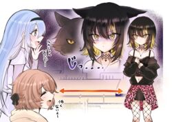  3girls ^_^ animal_ears black_cat black_choker black_hair black_jacket black_skirt blonde_hair blue_hair blush brown_hair cat_ears choker clenched_hands closed_eyes collarbone cometik_(idolmaster) cropped_shirt feet_out_of_frame feline fishnet_pantyhose fishnets idolmaster idolmaster_shiny_colors ikaruga_luca ikuta_haruki jacket kemonomimi_mode looking_at_another mimoe multicolored_hair multiple_girls navel navel_piercing off-shoulder_shirt off_shoulder pantyhose piercing shaded_face shirt skirt smile staring streaked_hair suzuki_hana yellow_eyes 