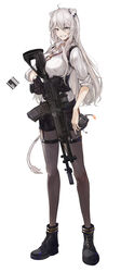  absurdres ak-12 animal_ears assault_rifle bad_id bad_pixiv_id black_footwear black_gloves black_nails black_pantyhose black_shorts bolo_tie boots breasts collared_shirt commentary corset cross-laced_footwear dress_shirt ear_piercing earpiece eyes_visible_through_hair female fingernails full_body gloves grey_eyes grey_hair grin gun hair_between_eyes highres holding holding_gun holding_weapon hololive jewelry kalashnikov_rifle lion_ears lion_girl lion_tail lit_fuse long_hair looking_at_viewer medium_breasts nail_polish o-ring official_alternate_costume official_alternate_hairstyle pantyhose pendant piercing raised_eyebrow red_ribbon ribbon rifle sharp_fingernails shirt shishiro_botan shishiro_botan_(button-down) short_shorts shorts simple_background single_glove sleeves_rolled_up smile solo ssrb_(shishiro_botan) standing symbol-only_commentary tail teeth thigh_strap tsumeki virtual_youtuber weapon white_background white_shirt wing_collar 