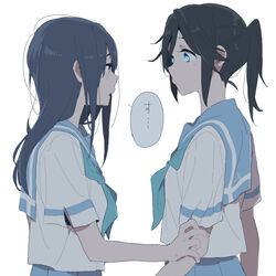  2girls black_hair blue_eyes blue_hair blue_neckerchief blue_sailor_collar blue_skirt closed_mouth commentary hand_up hibike!_euphonium holding_another&#039;s_arm kasaki_nozomi kitauji_high_school_uniform liz_to_aoi_tori long_hair looking_at_another multiple_girls neckerchief parted_lips pleated_skirt ponytail red_eyes ree_(re-19) sailor_collar school_uniform serafuku shirt short_sleeves simple_background skirt speech_bubble symbol-only_commentary white_background white_shirt yoroizuka_mizore 