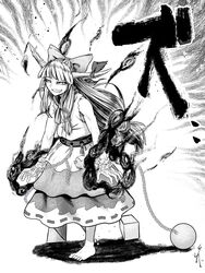  arms_at_sides aura ball_and_chain_restraint bare_arms bare_shoulders barefoot blunt_bangs bow chains commentary_request cube cuffs dress female full_body greyscale grin hairbow half-closed_eyes horn_ornament horn_ribbon horns ibuki_suika koyubi_(littlefinger1988) long_hair looking_afar low-tied_long_hair monochrome oerba_yun_fang oni pyramid_(geometry) ribbon sleeveless sleeveless_dress smile solo teeth toes touhou very_long_hair walking 