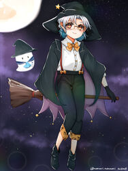  black_pants black_socks blush bow bowtie broom brown_eyes cloak closed_mouth commentary_request dated denim dress_shirt female full_body ghost glasses grey_hair hat highres hirato_(kancolle) jeans kantai_collection moon nanari_(nanari_nannari) night night_sky pants shirt short_hair sitting sky smile socks solo twitter_username wavy_hair white_shirt witch_hat yellow_bow yellow_bowtie 