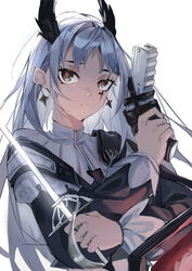  absurdres arknights black_eyes black_jacket closed_mouth dual_wielding earrings female grey_hair gun head_wings highres holding holding_gun holding_sword holding_weapon irene_(arknights) jacket jewelry long_hair long_sleeves no_gloves rapier scar scar_across_eye scar_on_face serious shoulder_strap simple_background solo soranoki sword upper_body weapon white_background wings 