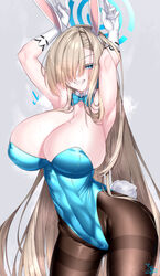  absurdres animal_ears armpits arms_up asuna_(blue_archive) asuna_(bunny)_(blue_archive) bare_shoulders blue_archive blue_eyes blue_leotard blush bow bowtie breasts brown_pantyhose cleavage detached_collar elbow_gloves fake_animal_ears female gloves grin hair_over_one_eye halo highleg highleg_leotard highres large_breasts leotard light_brown_hair long_hair looking_at_viewer mole mole_on_breast official_alternate_costume pantyhose playboy_bunny rabbit_ears rabbit_pose rabbit_tail smile solo strapless strapless_leotard sweat tail thighband_pantyhose thighs traditional_bowtie watosu white_gloves 