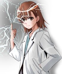  bob_cut brown_eyes brown_hair closed_mouth commentary electricity electrokinesis female flower gradient_background grey_background hair_between_eyes hair_flower hair_ornament hairclip hand_in_pocket index_finger_raised lab_coat light_smile looking_at_viewer misaka_mikoto pointing pointing_up short_hair shoya_(yama1979) solo standing toaru_kagaku_no_railgun toaru_majutsu_no_index upper_body white_background white_flower 