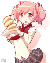  :d black_skirt bow bowtie character_doll chauke clothes_lift commentary_request dot_nose female food hair_ribbon hands_up happy holding holding_plate juliet_sleeves kaname_madoka kyuubee light_blush long_sleeves looking_at_viewer mahou_shoujo_madoka_magica mahou_shoujo_madoka_magica_(anime) mitakihara_school_uniform neck_ribbon neckerchief open_mouth pastry pink_eyes pink_hair plaid plaid_skirt plate pleated_skirt puffy_sleeves red_bow red_bowtie red_ribbon ribbon school_uniform shadow simple_background skirt skirt_lift smile solo tareme twintails uniform white_background 