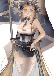  absurdres arknights arm_strap bare_arms bare_shoulders blonde_hair blue_eyes blue_hairband breasts chains chinese_commentary cleavage commentary cowboy_shot female flag flagpole gloves hairband highres holding holding_flag horns kingdom_of_victoria_logo large_breasts long_hair looking_at_viewer microskirt necktie parted_lips pointy_ears saileach_(arknights) shirt simple_background single_glove skirt solo standard_bearer standing strapless strapless_shirt thighhighs thighs torn_clothes torn_thighhighs very_long_hair white_background white_shirt white_thighhighs zhi_wozi 