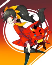  absurdres ashley_(warioware) bad_id bad_pixiv_id black_hair black_legwear demon dress female hairband highres korean_commentary long_hair looking_at_viewer looking_back neckerchief offbeat red_(warioware) red_dress red_eyes tiara twintails warioware yellow_hairband yellow_neckerchief 